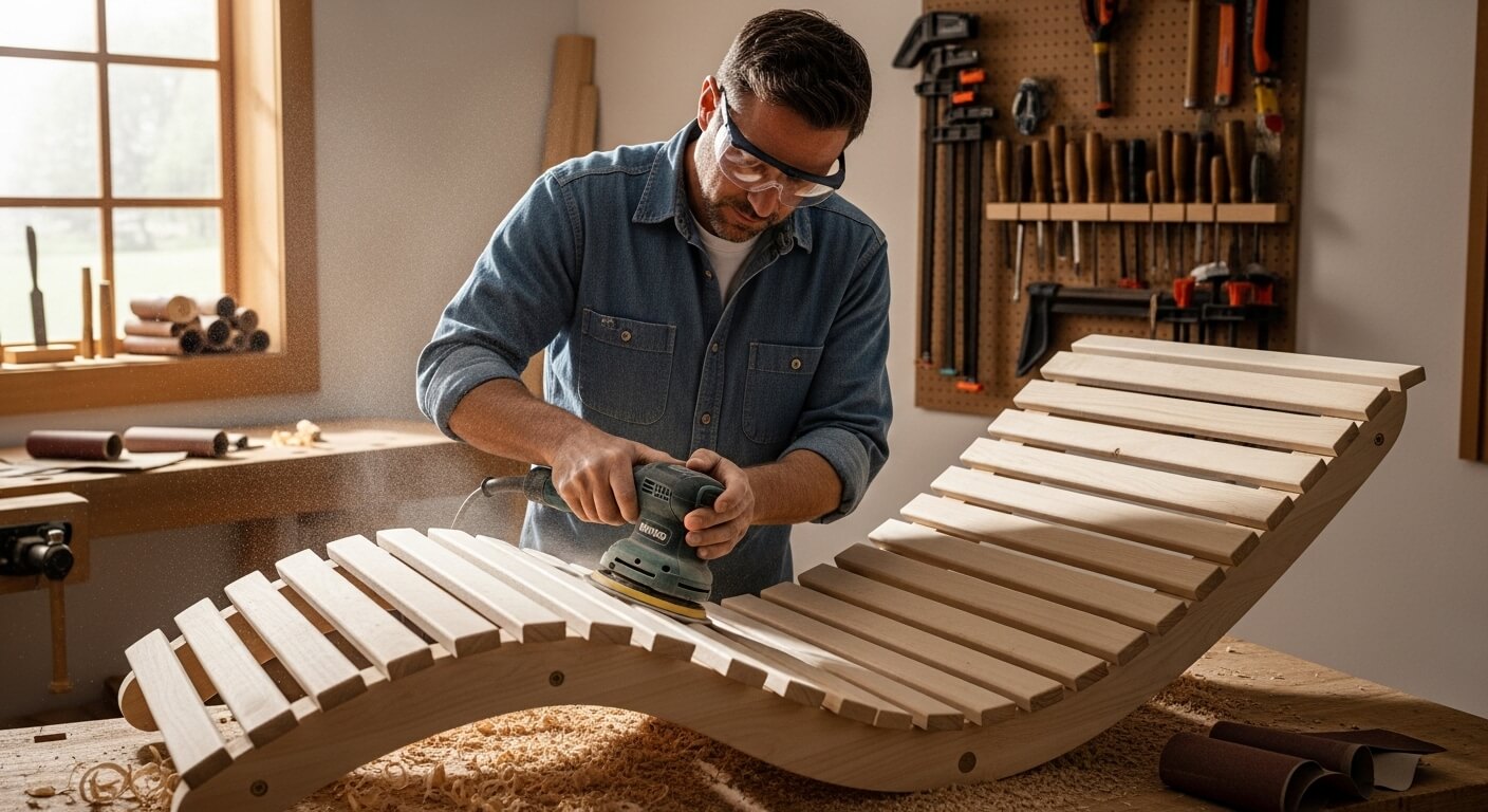 Eine Person schleift eine Saunabank ab