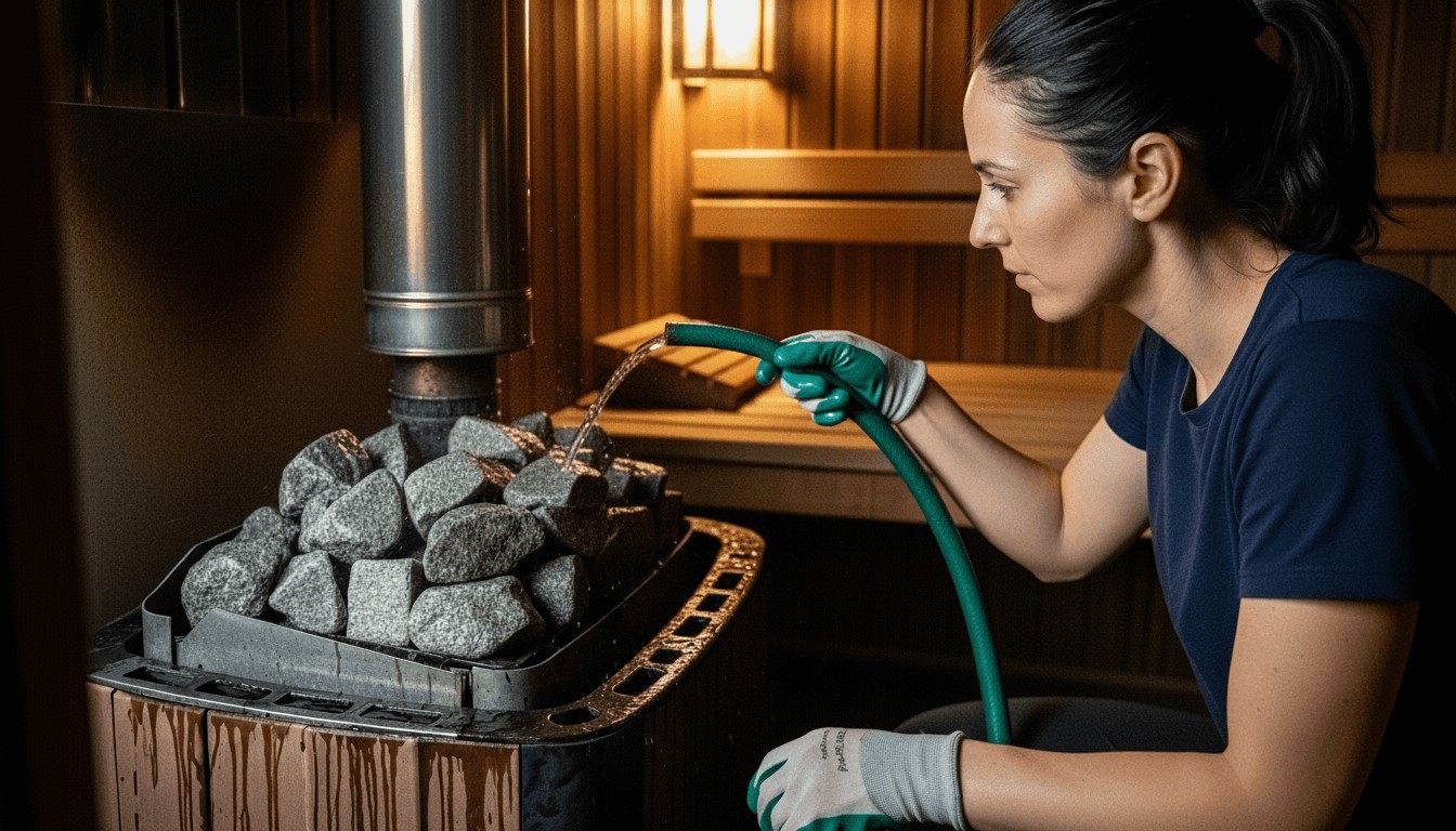 Eine Person reinigt einen Saunaofen