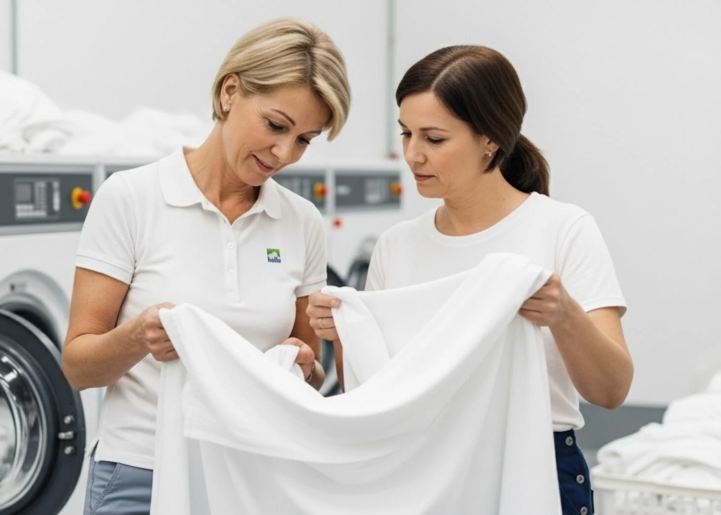 2 personen in weiß mit wäsche vor waschmaschine