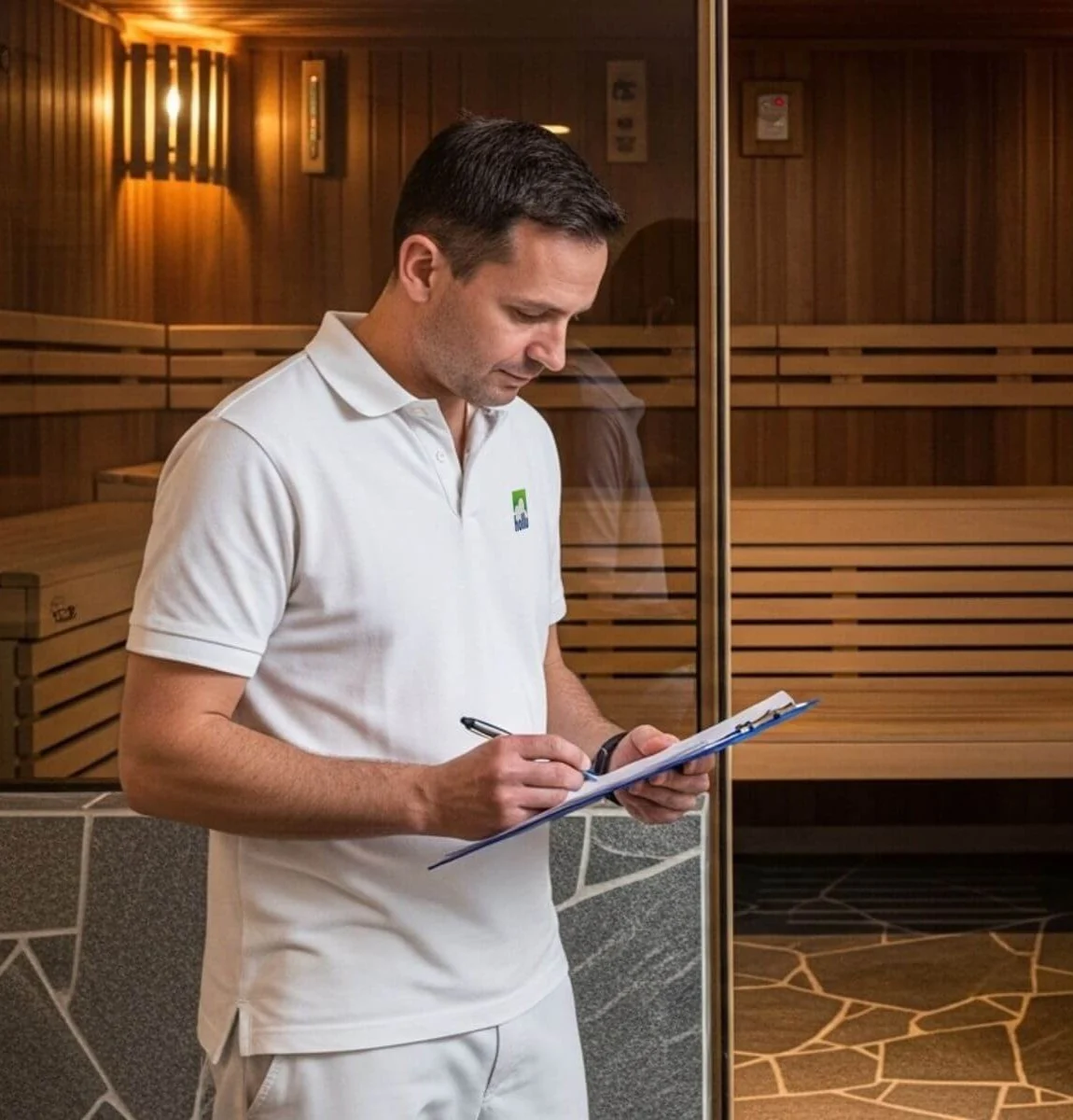 eine person mit einer mappe vor einer sauna