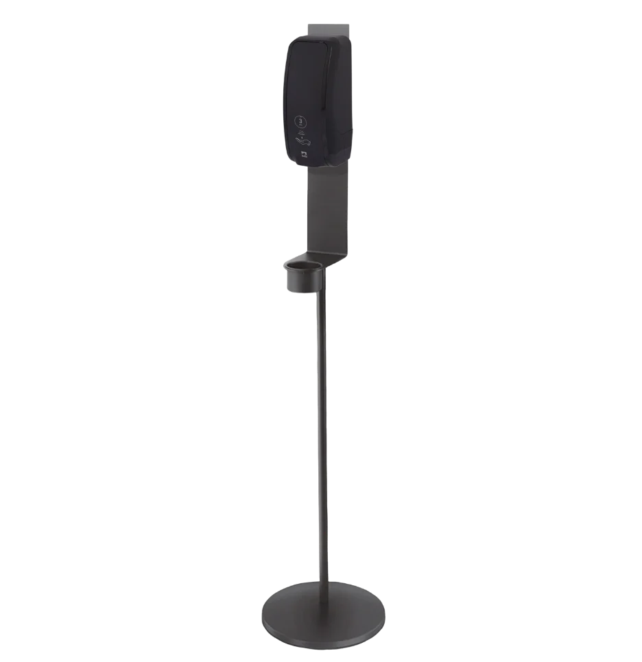 Boden-Desinfektionssäule aus pulverbeschichtetem Metall mit hollu Seifen- und Desinfektionsspender