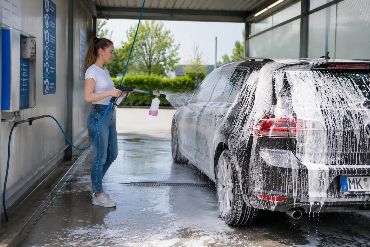 eine person in einer sb autowaschanlage schäumt ein auto ein