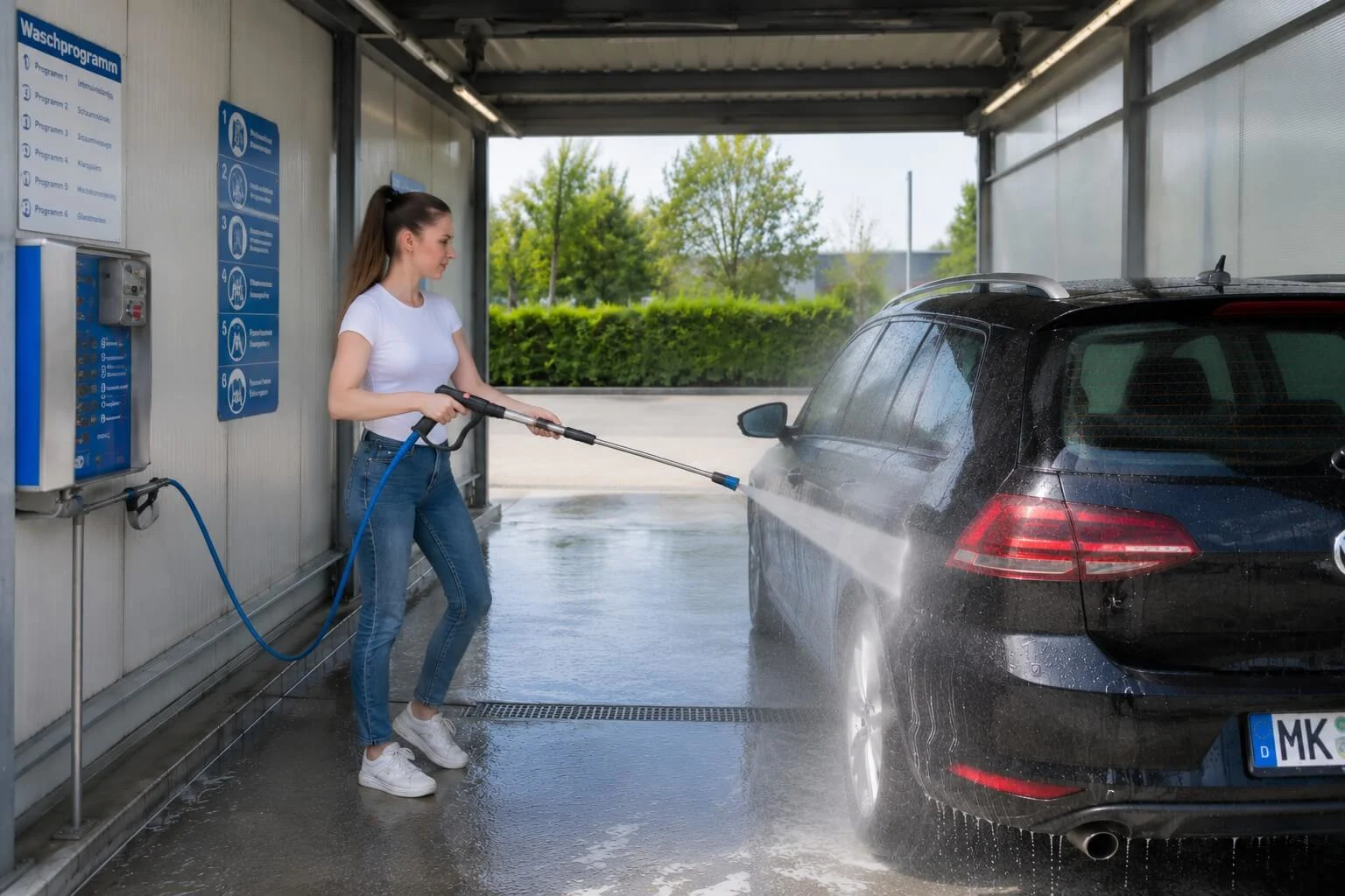 eine person in einer sb autowaschanlage spritzt ein auto ab