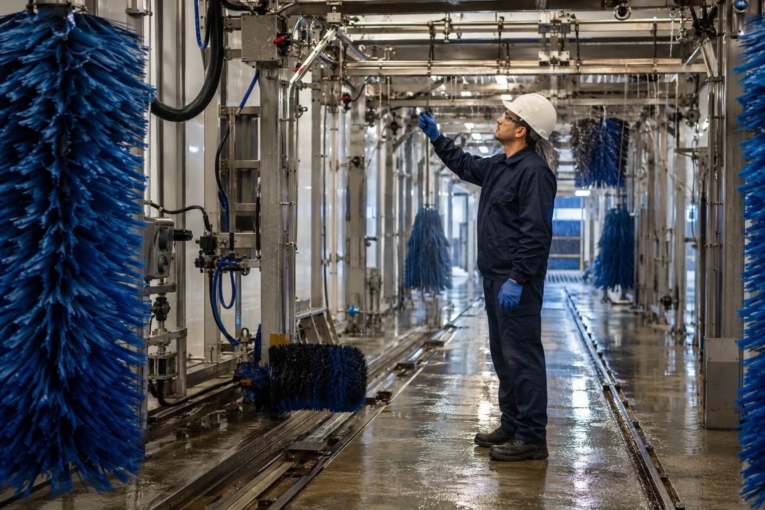 Eine Person inspiziert eine industrielle Waschanlage