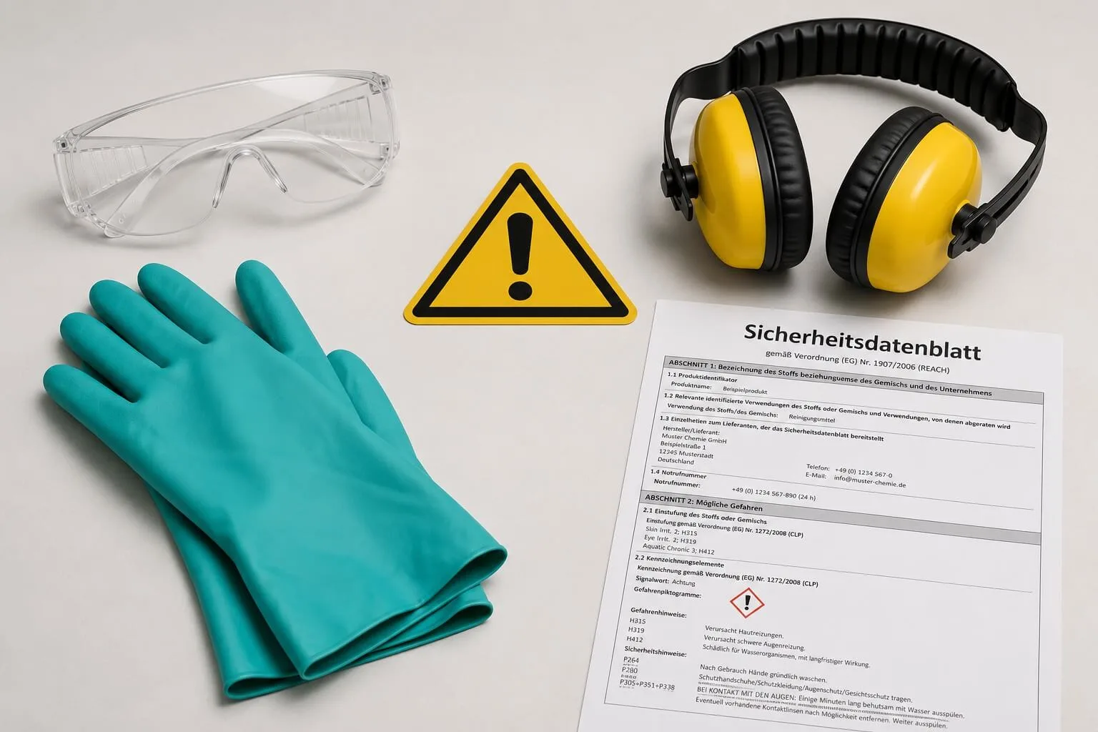 Schutzbrille, chemikalienbeständige Handschuhe, Gehörschutz, Warnschild und Sicherheitsdatenblatt als persönliche Schutzausrüstung für sicheres Arbeiten mit Chemikalien.