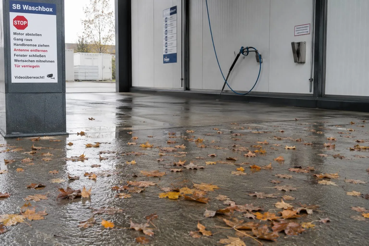 Herbstblätter liegen auf dem nassen Boden am Eingang einer SB-Waschbox mit Waschlanze und Hinweisschild im Hintergrund. Kürzere Variante: Blätter am Eingang einer SB-Waschbox auf nass