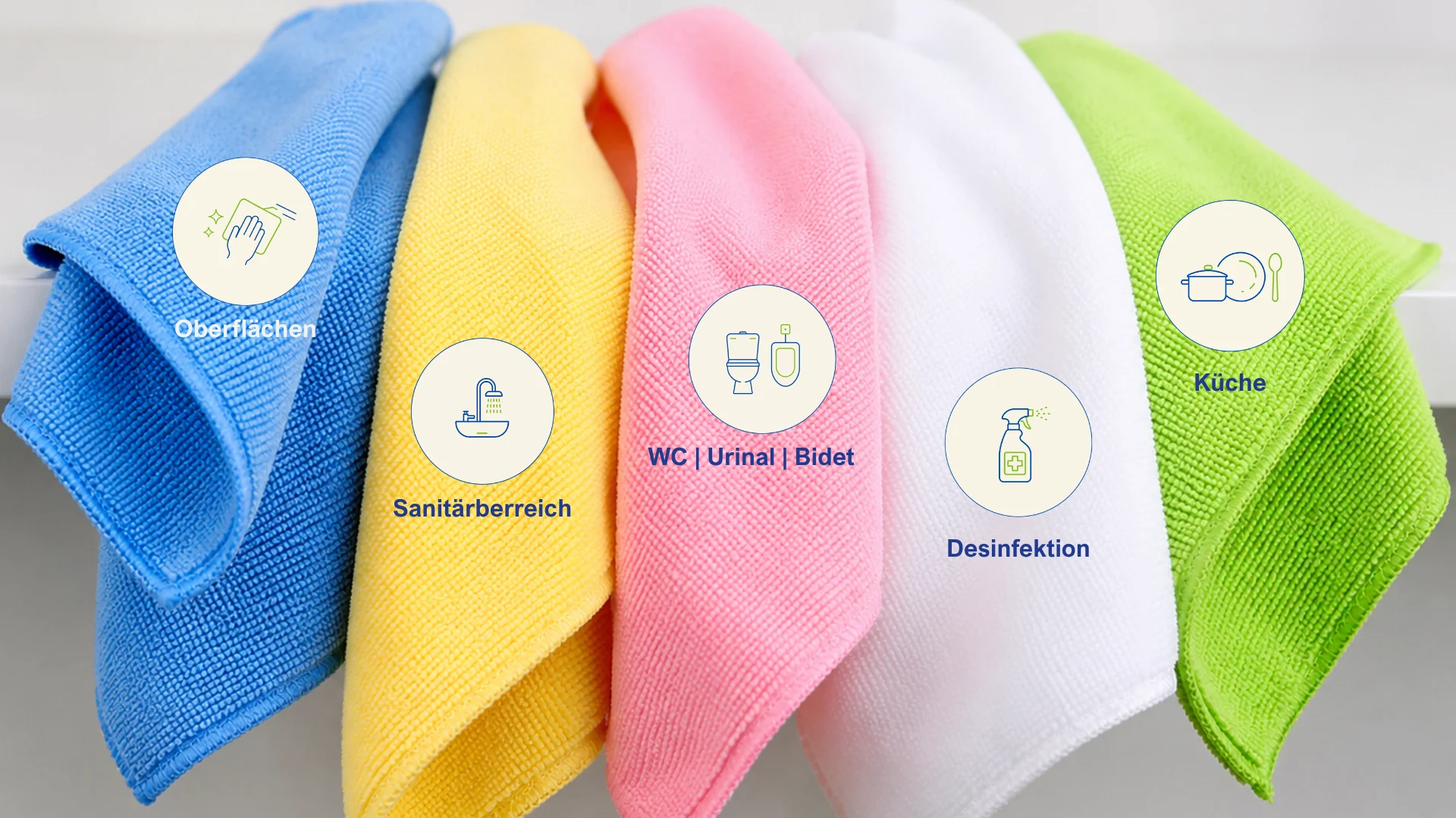 mikrofasertücher in blau gelb rosa weiß und grün mit piktogrammen